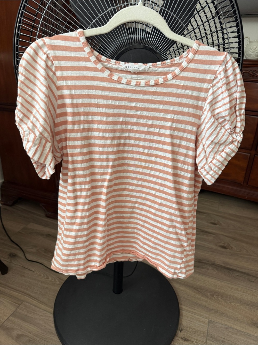 Jane and Delancey Peach and White Striped Puff Sleeve Tee